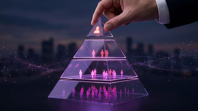 Corporate leadership and business hierarchy concept with glowing glass pyramid