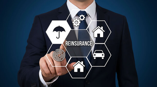 Businessman pointing at a reinsurance concept graphic with icons on a blue wall