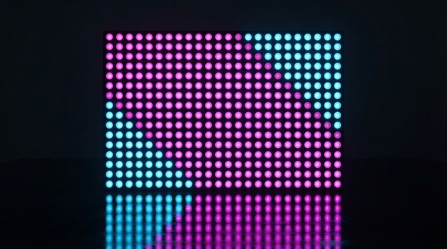 Rectangular grid of glowing led lights in magenta and cyan, arranged in a diagonal split pattern with a clear reflection on a dark surface