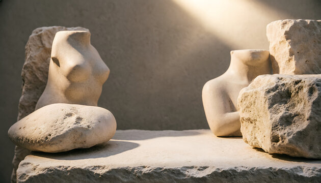 Escenario de rocas y piedras naturales con luz de sol calida para exhibicion de productos