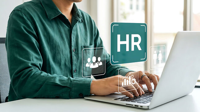 Professional human resources manager using laptop with HR technology interface