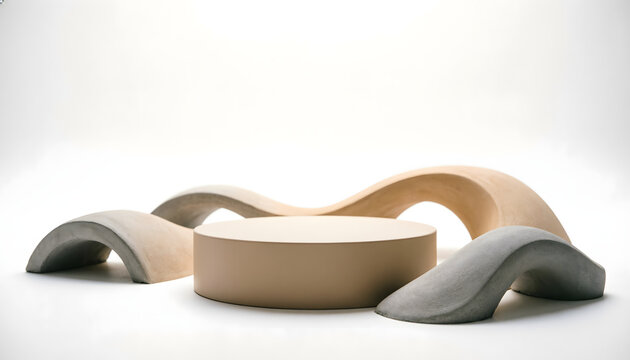 Podio circular de madera rodeado de arcos y bloques geometricos minimalistas beige