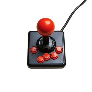 Retro arcade joystick with red ball knob and buttons during studio lighting isolated on transparent background