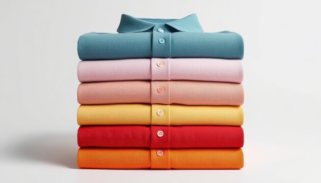 A stack of colorful folded polo shirts isolated on white background