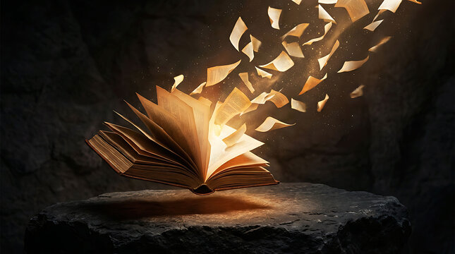 Magical open book floating above stone with glowing pages flying away in dark
