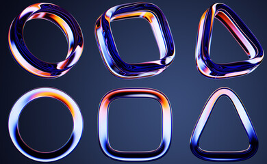 Fototapeta premium Glass geometric 3D frames collection with vibrant neon light refraction, crystal borders of round, square and triangle shapes with glowing red orange gradient isolated on dark blue bg. 3D illustration