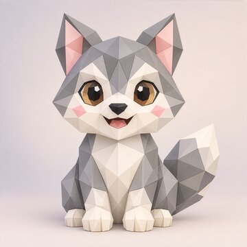 Low poly baby wolf pup sitting with big eyes in faceted geometric paper art style, 3D illustration on light gray background