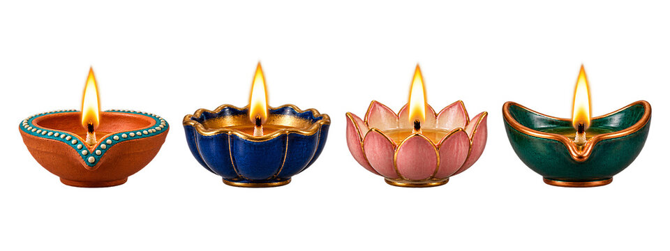 Colorful Traditional Diya Lamps with Glowing Flames