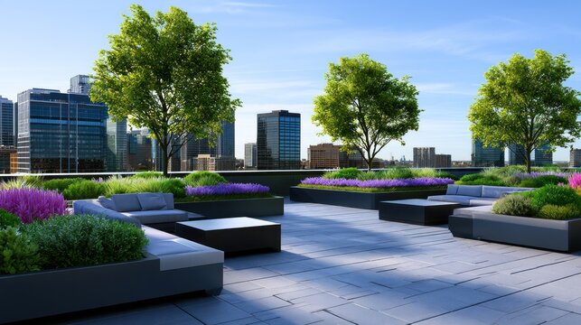 Rooftop garden with lush greenery and purple flowers, set against a city skyline under a clear blue sky
