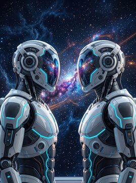 Two futuristic humanoid robots face each other against a star-filled nebula. Artificial intelligence and robotics concept. Science fiction, space exploration and advanced technology.
