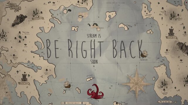 Fantasy pirate map stream loop background with be right back soon text. Ideal for adventure game streams, RPG broadcasts, and fantasy themed intermissions.