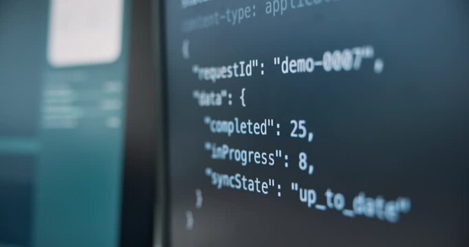 Code, running or software development on computer screen, data sync or batch processing in agency. Digital, coding or information input with tech, script analysis or backend encryption in office.