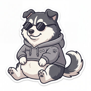 Adorable Chubby Siberian Husky with Sunglasses and Hoodie. Sticker Style on a White Background