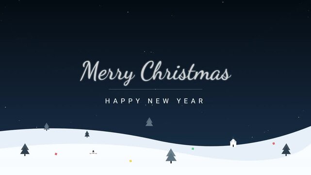 Minimalist Christmas and Happy New Year greeting animation with snowy landscape and starry night background.