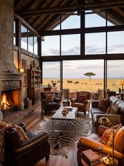 Obraz premium Rustic lodge lounge overlooking elephants and zebras across open savanna. Wildlife visible through expansive windows. Safari lodge hospitality. Luxury wilderness retreat and travel.