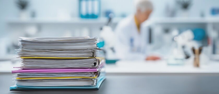 Stack of papers in a laboratory setting.