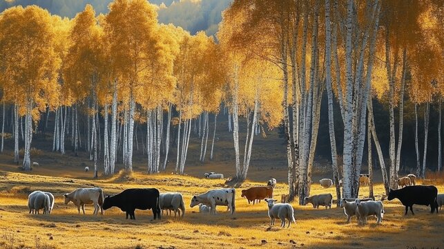 Cattle and sheep grazing in a golden forest during autumn