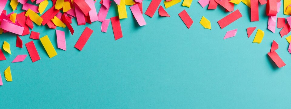 Vibrant confetti falls across a teal surface