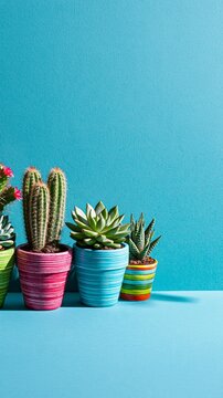 Colorful pots hold diverse cacti and succulents