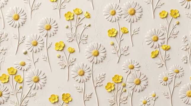 Embossed pattern of white daisies and yellow buttercups on a textured off-white background
