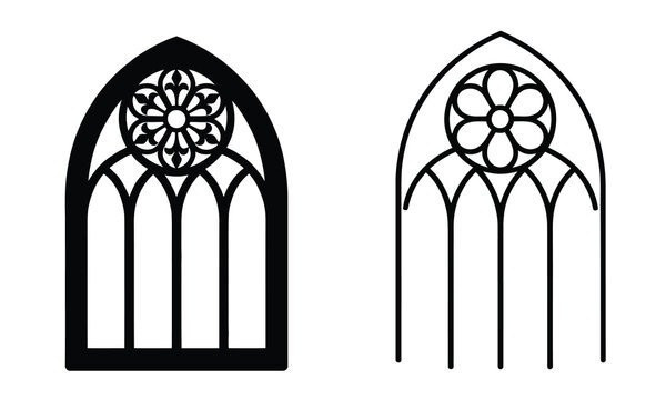 Black and white gothic cathedral window set with rose tracery, vector illustration style