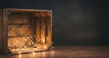 Fototapeta premium Empty rustic wooden crate with glowing warm fairy lights inside, set against a dark background, with copy space, on the right side