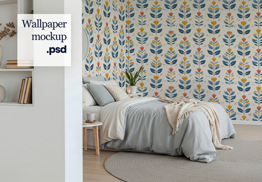 Home interior bedroom wallpaper design mockup