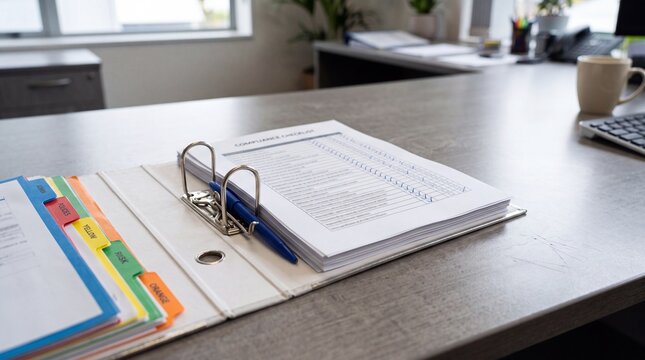 Open ring binder with colour coded tab dividers on an office desk