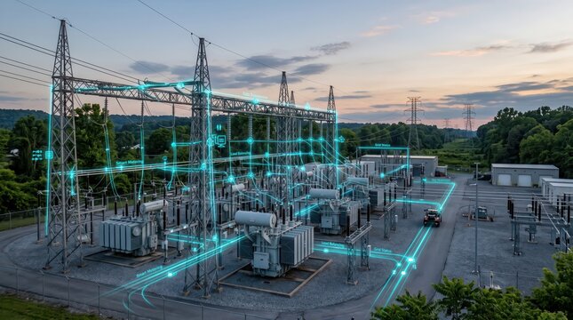 Electrical substation with smart grid data overlay and power transmission equipment. Smart electricity infrastructure and energy distribution. Grid modernization and utility technology.