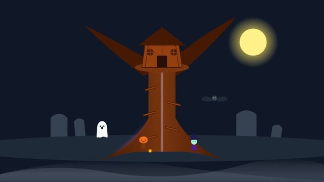 A group of cute Halloween monsters discovers a magical treehouse hidden among ancient graves. The glowing roots activate the house, turning a spooky place into a warm fantasy home. 10-second seamless 
