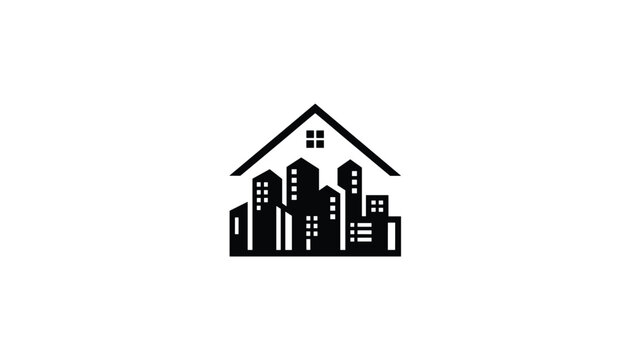 Stylized black real estate logo showing a group of city skyscrapers protected under a house roof on white background.