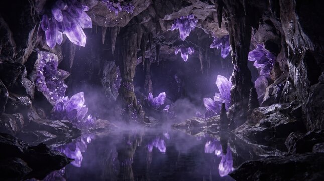 Purple crystal cave with underground water pool