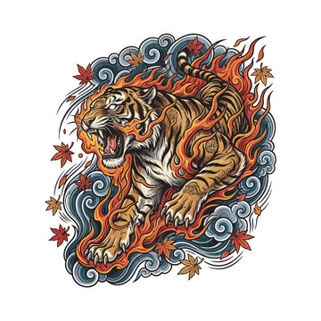 Fierce roaring tiger tattoo surrounded by flames, swirling waves, and maple leaves, rendered in bold traditional Japanese inspired linework with dynamic orange, red, and black details