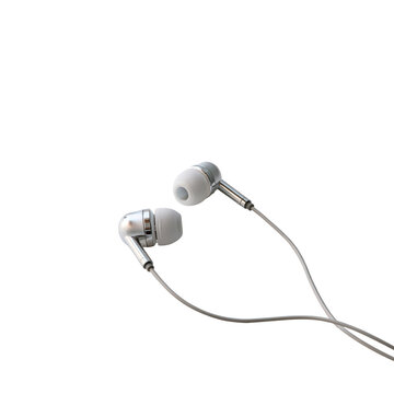 Modern earbuds with silver accents resting on a clean surface during a studio shoot Isolated on transparent background