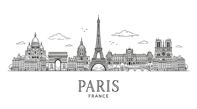 Minimalist line drawing of iconic Paris skyline featuring Eiffel Tower and historic buildings capturing the essence of France's