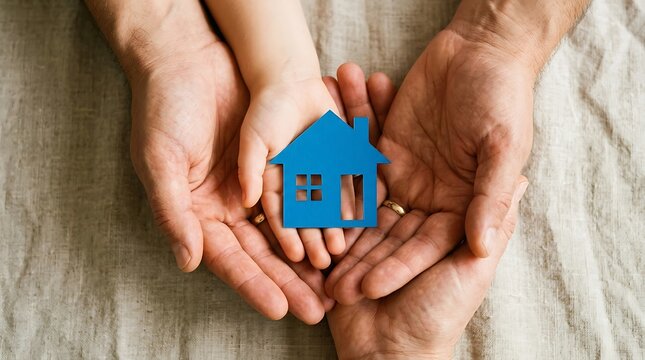 Family hands holding blue house symbol for home ownership, real estate, and security