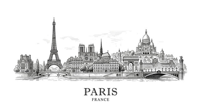 Intricate black and white line art illustration of iconic Parisian landmarks including the Eiffel Tower and Sacr?-C?ur Basilica