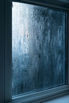 Raindrops streak across a fogged window pane