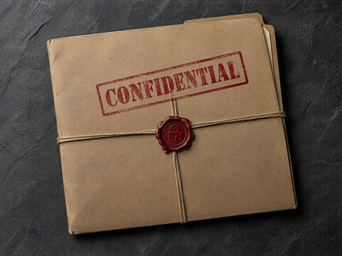 Confidential file folder tied with string and wax seal on slate