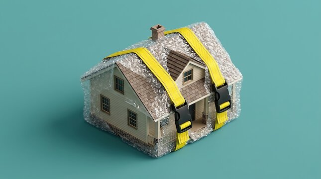 Miniature suburban house securely packed in bubble wrap with yellow straps for safe moving