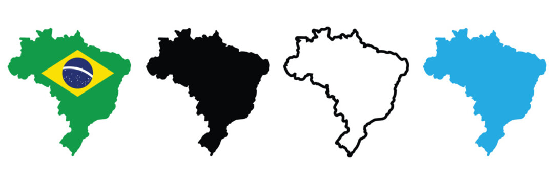 Brazil Map Icon Set with Country Outline, Solid Silhouette and National Flag Designs 
Vector Collection
