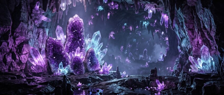 Glowing amethyst crystals inside a dark underground cave with jagged rock formations and mist