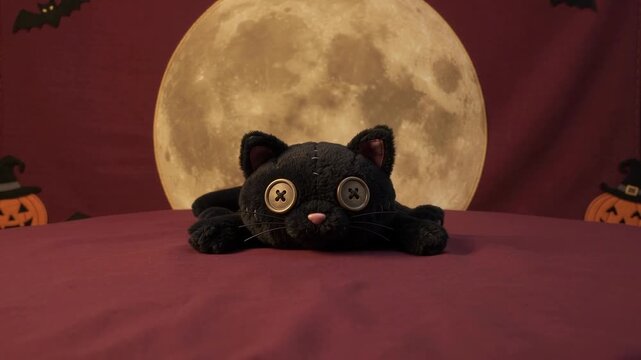 Halloween black cat plush stretching and squashing on burgundy background
