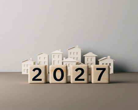 Four wooden blocks displaying the year 2027 in front of a collection of small white model houses on a neutral gray surface