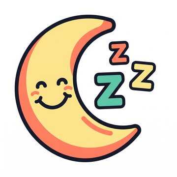 Cute smiling crescent moon sleeping illustration with zzz symbols