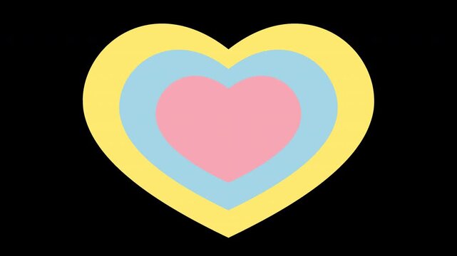 Animated pulsing concentric hearts in yellow blue and pink graphic loop, isolated on a transparent background