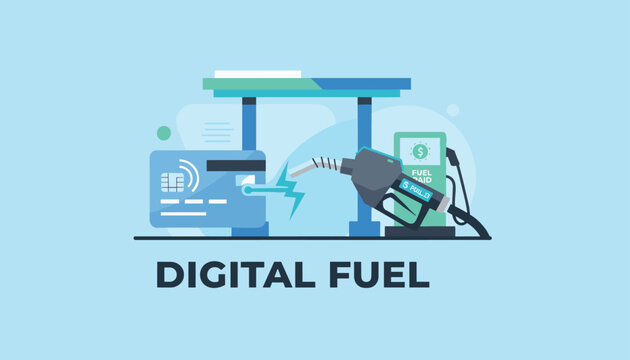 Digital fuel concept illustration displaying online contactless card payment connected to a gas pump nozzle.