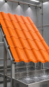 Orange roof tile undergoing waterproof testing with water spray nozzles inside industrial laboratory facility