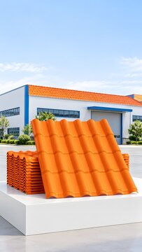 Orange corrugated roof tiles stacked neatly on white display platform before modern industrial warehouse building