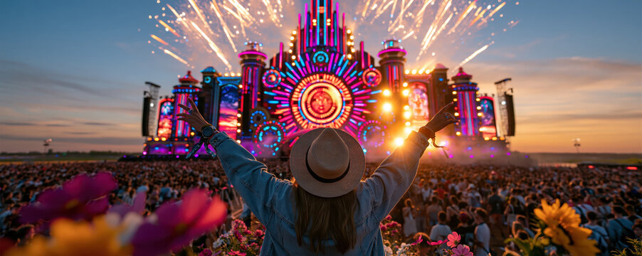 Festival crowd celebrating colorful stage fireworks at sunset with raised arms, flowers, and joyful energy in outdoor event